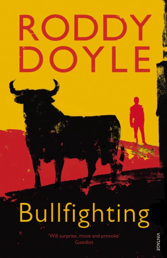 Boek 'Bullfighting' door Roddy Doyle. Op de kaft een zwarte stier en een rode figuur op een rode en gele achtergrond.