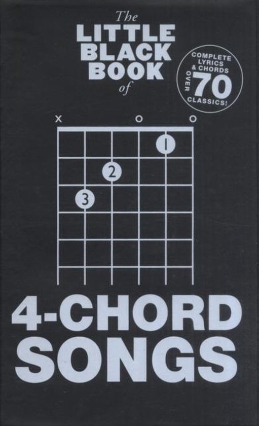 De Little Black Book of 4-Chord Songs. Boek met gitaarakkoorden en songteksten, met gitaar diagrammen en de tekst 'Over 70 Classics!'.