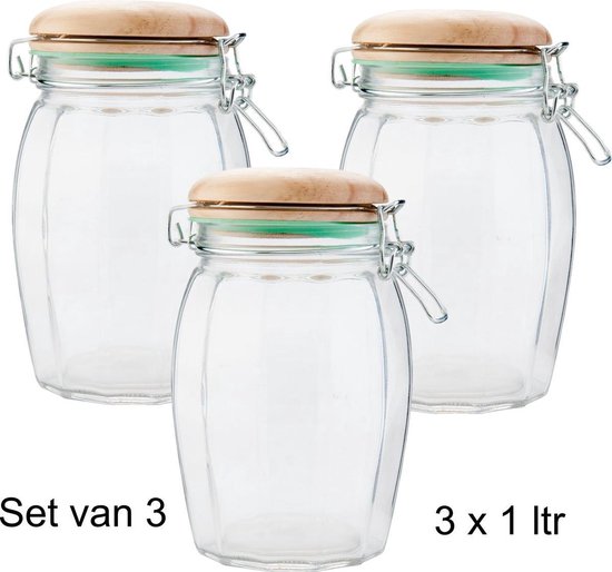 Decoratieve - Glazen voorraadpot - inhoud 1 liter - Voorraad - pot - 3 stuks