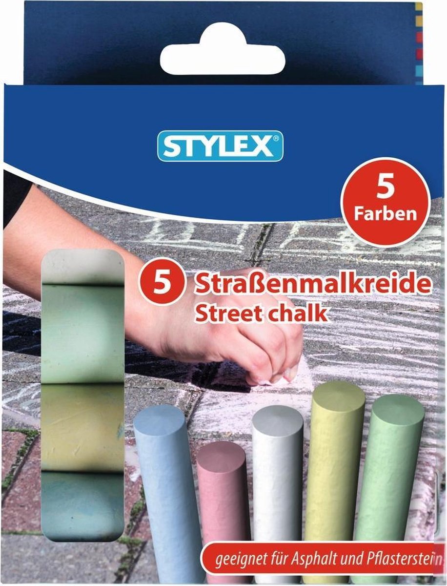 Stylex 25008 stoepkrijt Blauw, Groen, Rood, Wit, Geel 5 stuk(s)