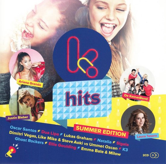 Cd-hoes met afbeeldingen van Ariana Grande, Justin Bieber en De Ketnetband. Het opschrift 'hits SUMMER EDITION' staat in de afbeelding.