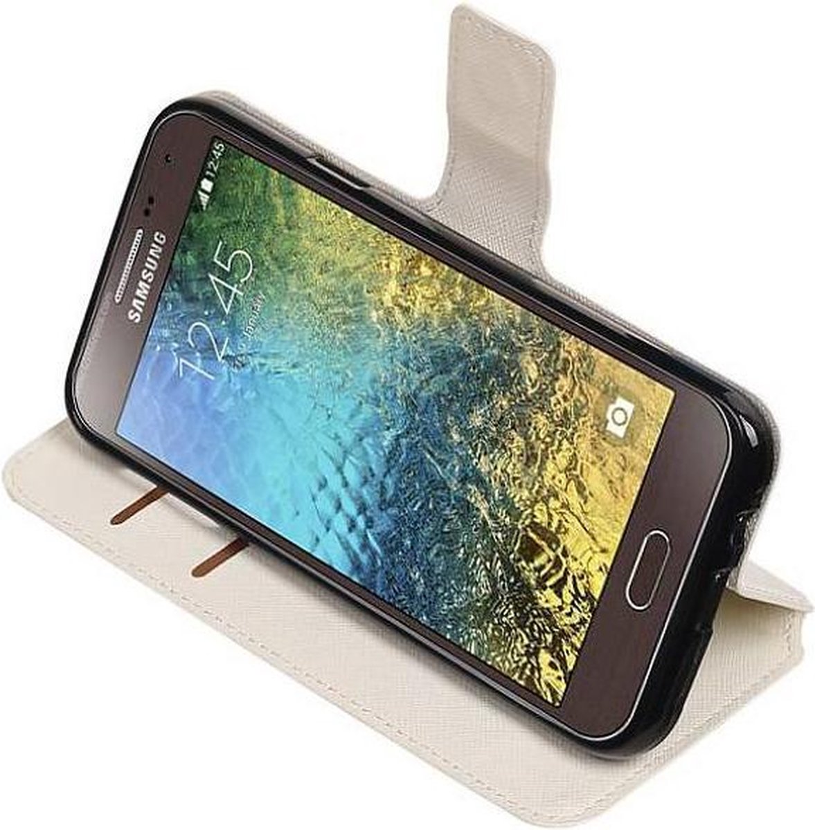 Cross Pattern TPU Bookstyle Wallet Case Hoesjes Geschikt voor Samsung Galaxy E5 Wit