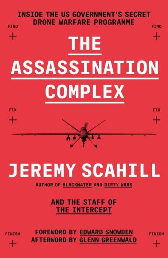 Couverture de livre avec le titre 'The Assassination Complex' en lettres blanches sur fond rouge. Un drone est illustré au centre.