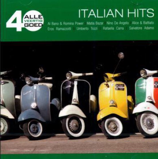 Vier Vespa-scooters op een rij in pastelkleuren, waaronder geel, lichtblauw, crème en een rood-wit-groene Italiaanse vlag. De titel "ITALIAN HITS" staat bovenaan.
