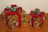 2 decoratieve kerstcadeaus - Gouden rotan met rode strik - 25 witte led lampjes - Kerstboom