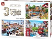 King 3 in 1 Puzzel 1000 Stukjes (68 x 49 cm) - Steden Collectie - Drie Legpuzzels met Voorbeeldposters