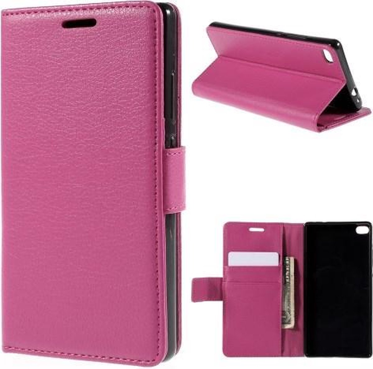 Litchi Cover wallet case hoesje Huawei Ascend P8 roze