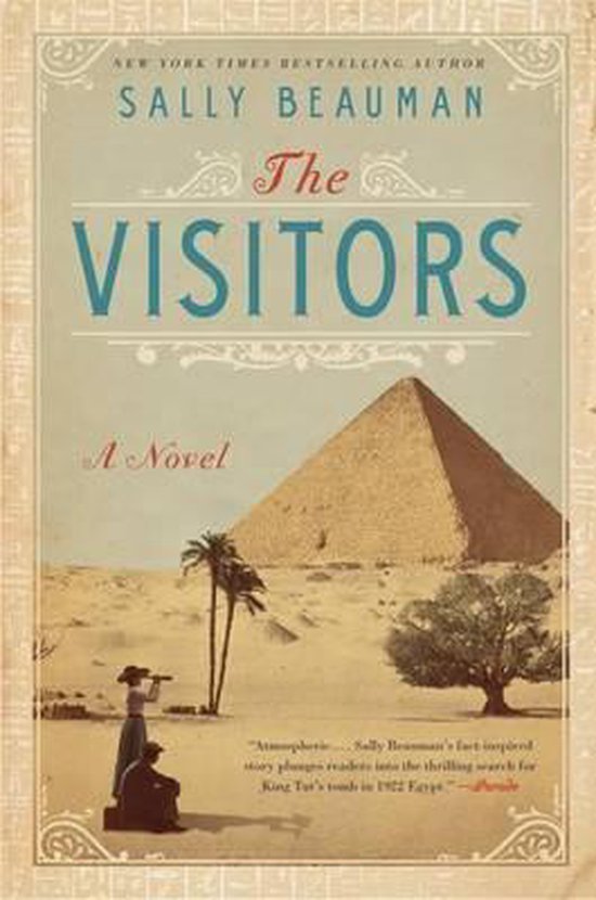 Boekcover van 'The Visitors' met piramide en een vrouw met een telescoop.
