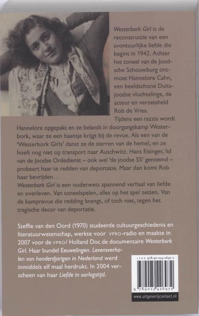 Jonge vrouw met donker haar, gekleed in gestreept jurkje en vestje. Foto op de achterflap van boek 'Westerbork Girl'.