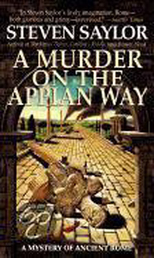 Boekomslag van A Murder on the Appian Way, een mysterie in het oude Rome. Op de voorgrond liggen Romeinse artefacten.