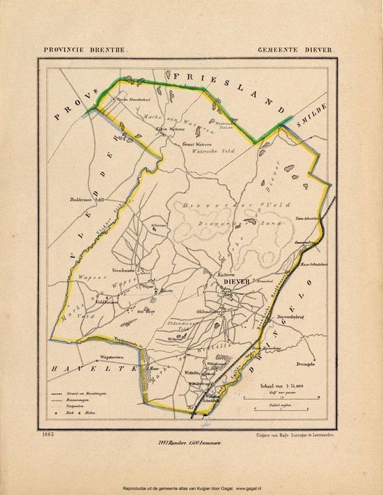 Foto: Historische kaart plattegrond van gemeente diever in drenthe uit 1865 door kuyper van kaartcadeau com