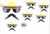 6x Bril Mexicaan met snorretje - carnaval mexico sombrero snor bril hoed optocht landen festival thema feest
