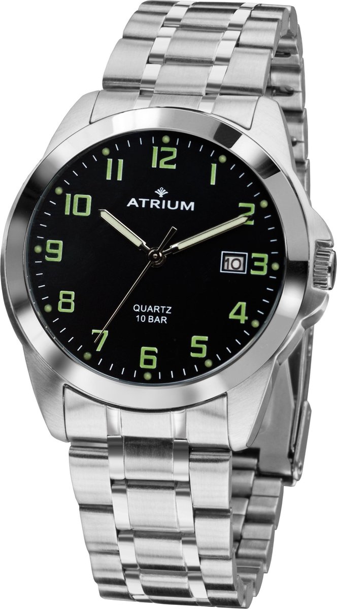 ATRIUM Horloge - Heren - 10 bar - Analoog - Zilver - Zwart - Edelstaal - Datum - Quartz Uurwerk - Edelstalen Sluiting - A16-31