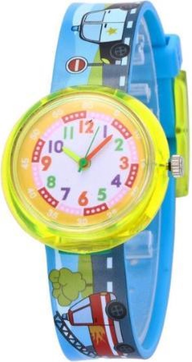 Auto- brandweerauto - kinderhorloge- peuter horloge - educatief horloge- jongens - blauw-geel - 30 mm - I-deLuxe verpakking