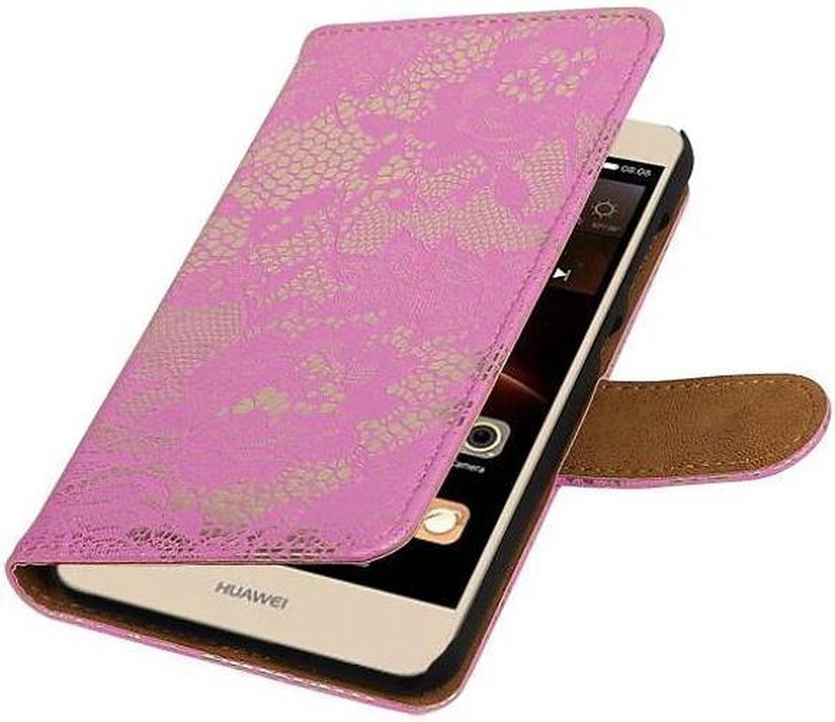Lace Bookstyle Wallet Case Hoesjes Geschikt voor Huawei Y5 II Roze