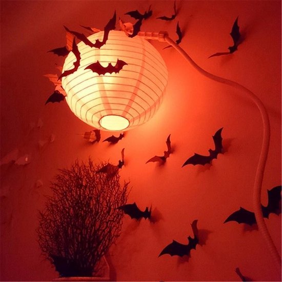 Foto: 24 stuks muursticker zwarte 3d vleermuizen halloween decoratie versiering kleur zwart stickerkamer 