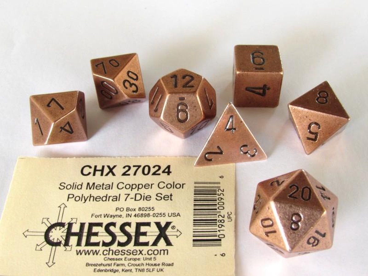 Chessex dobbelstenen set metaal koperkleurig polyhedraal 7 stuks.
