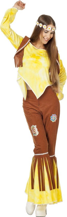Wilbers & Wilbers - Hippie Kostuum - Gele Hippy Flower Power Ms Brown - Vrouw - geel,bruin - Maat 34 - Carnavalskleding - Verkleedkleding