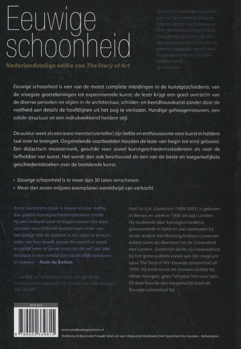 Boek 'Eeuwige schoonheid' met tekst en afbeelding van de barcode. Achtergrond wit.
