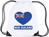 Nieuw Zeeland nylon rijgkoord rugzak/ sporttas wit met Nieuw Zeelandse vlag in hart