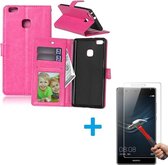 Huawei P9 Lite Portemonnee hoes roze met Tempered Glas Screen protector