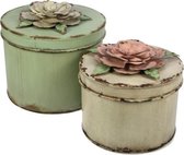 Set van 2 metalen dozen met bloem pastel 18,5 cm diameter