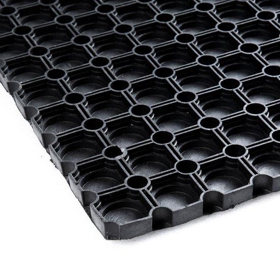 Zwarte rubberen ringmat met open, honingraat-achtige structuur.