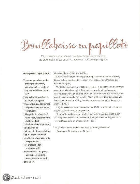 Recept voor bouillabaisse en papilotte, met ingredienten op de pagina.