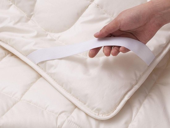 Hand pakt de elastische hoekband van een wit Yumeko TENCEL™ dekbed.