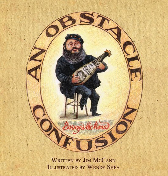 Een man met een baard en pet speelt op een fles Guinness Extra Stout, met 'An Obstacle Confusion' en 'Barney McKenna' in een cirkel.