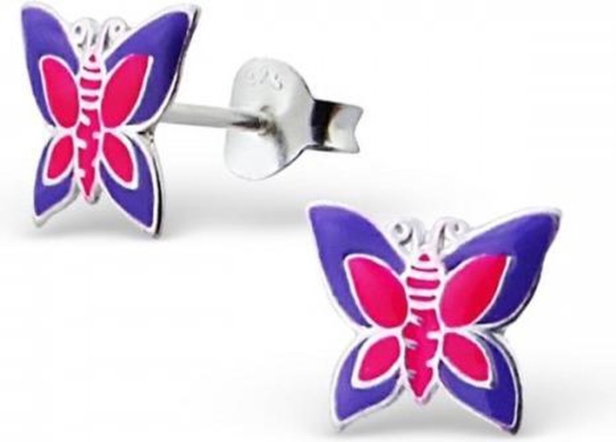 Zilveren kinderoorbellen met emaille - vlinder oorknopjes paars