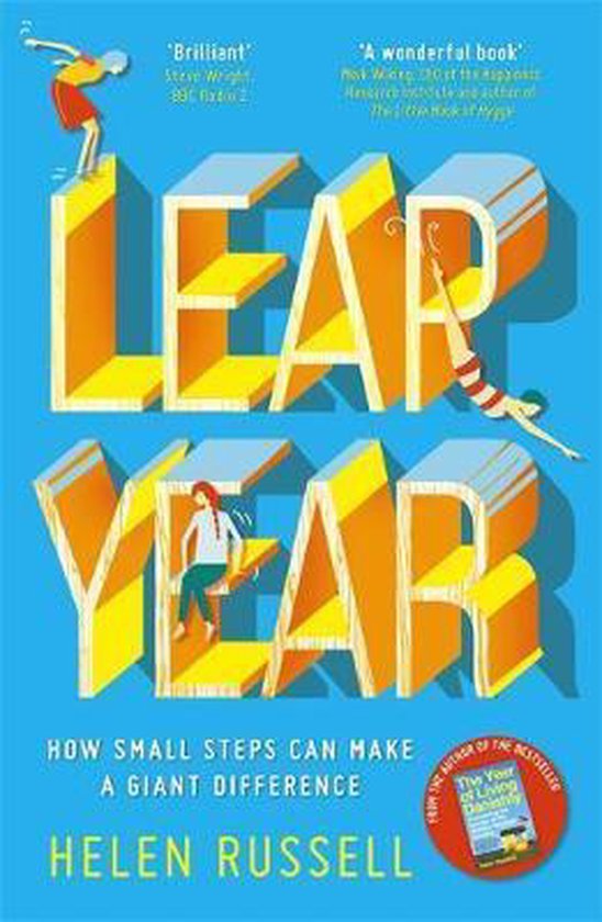 Boekomslag van 'Leap Year' met gele 3D-letters en blauwe achtergrond. Een rode cirkel met 'The Year of Living Dangerously' staat rechtsonder.