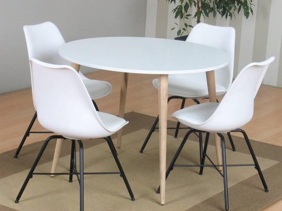 Napoli eethoek ronde tafel met 4 witte kuipstoelen.