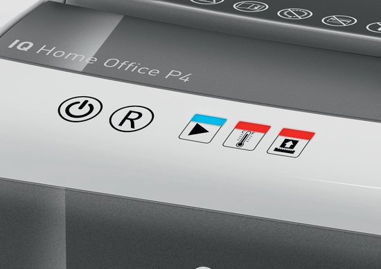Detail van de bedieningsknoppen van de "IQ Home Office P4" papierversnipperaar.