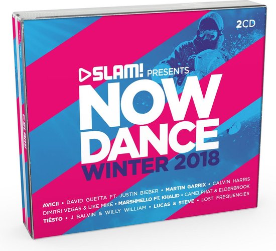 Slam! Presents Now Dance Winter 2018 2CD hoes met scherpe roze en blauwe lijnen, met snowboarder.