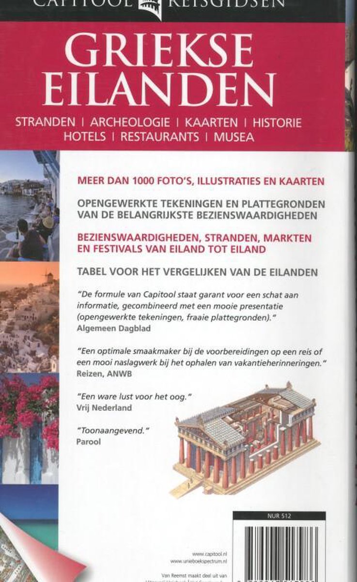 Achterkant van de reisgids 'Griekse Eilanden' met recensies en afbeeldingen.