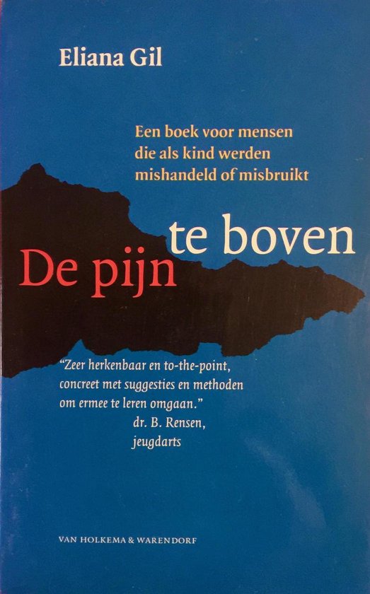 Boek 'De pijn te boven' met donkerblauwe en zwarte cover. Titel van Eliana Gil. Tekst in geel en rood.