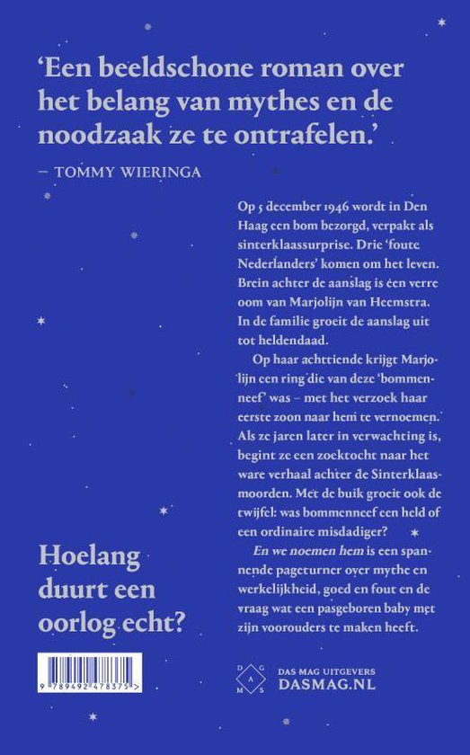 Boekomslag met de titel 'Hoelang duurt een oorlog echt?' en recensies. De tekst is wit op een donkere achtergrond met sterren.
