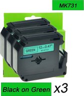 3x MK731 Label Tape Zwart op groen 12mm x 8m Compatible voor PT-55, PT-60, PT-65, PT-75, PT-80, PT-85, BB4, Minitech