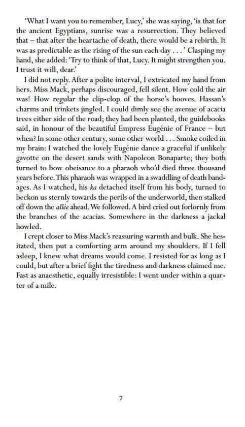 Pagina 7 uit het boek The Visitors, met een tekst over Egyptische tradities en herinneringen.