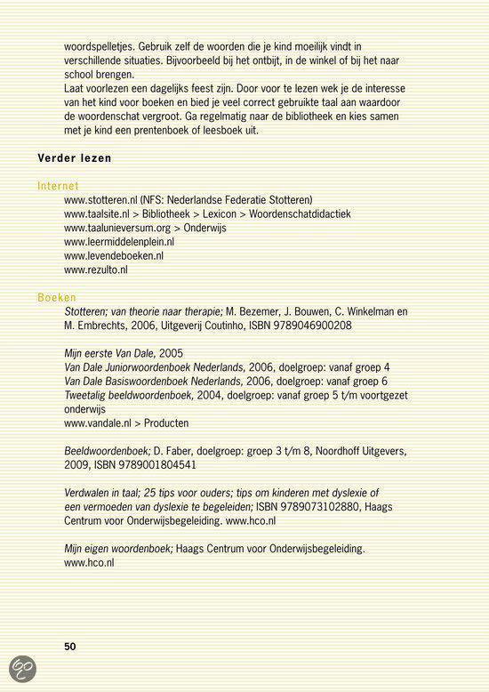 Tekstpagina met internetbronnen en boeken over taalproblemen.