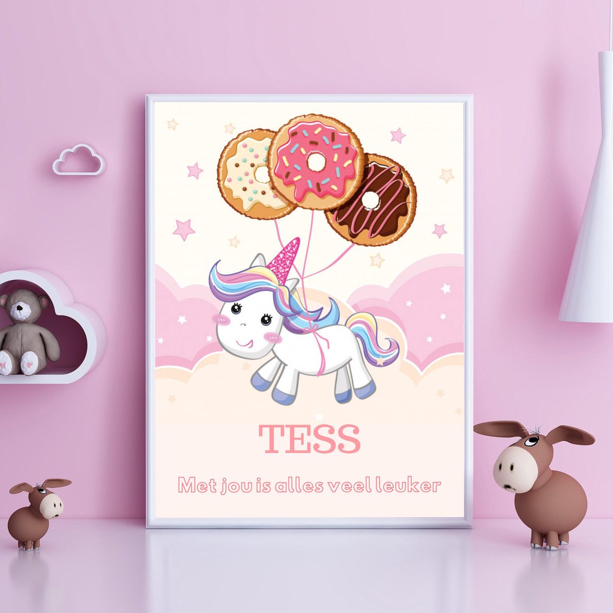 Gepersonaliseerde poster babykamer of kinderkamer, poster met naam van kind, gepersonaliseerd kraamcadeau. Inclusief fotolijst ! 30x42 cm (A3). Unicorn met donuts