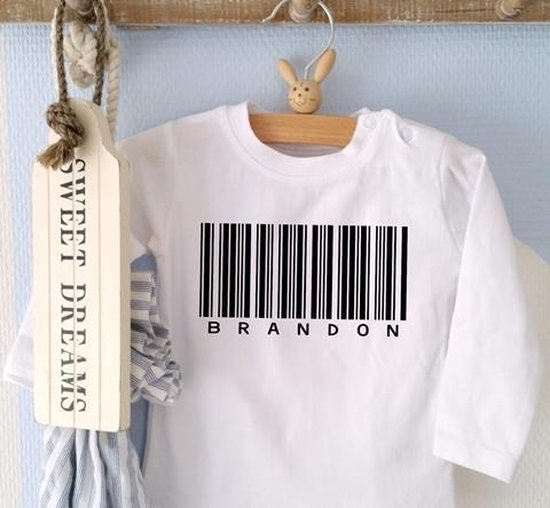 Code-barres de chemise sans marque avec nom | Manches longues ou courtes | Blanc | taille 56-110 T-shirt bébé 56
