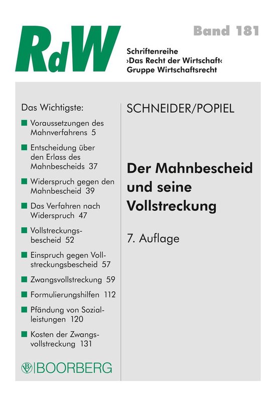 Das Recht der Wirtschaft 181 - Der Mahnbescheid und seine Vo ... - cover