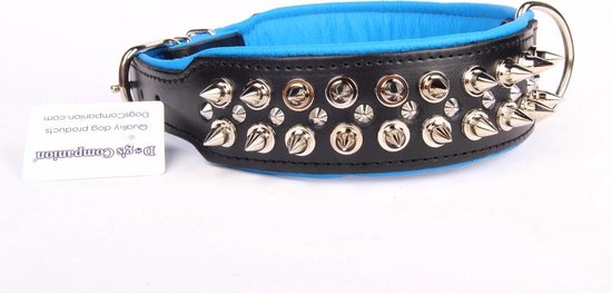 Dog's Companion Leren Halsband - met Spikes - Lengte: 75cm Verstelbaar van: 60-73 cm x 50 mm - Zwart/Blauw