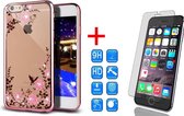 Hoesje geschikt voor Apple iPhone 7 Plus - Siliconen Hoesje Transparant met Roze Rand en Bloemetjes + Tempered Glass Screenprotector 2,5D 9H (Gehard Glas Screen Protector) - (Rose Gouden TPU Case / Cover Bloemen)