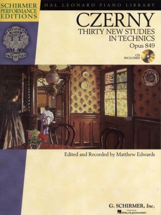 Boek: Czerny Dertig Nieuwe Techniekstudies Opus 849 met CD. De omslag toont een schilderij van een interieur met een piano.