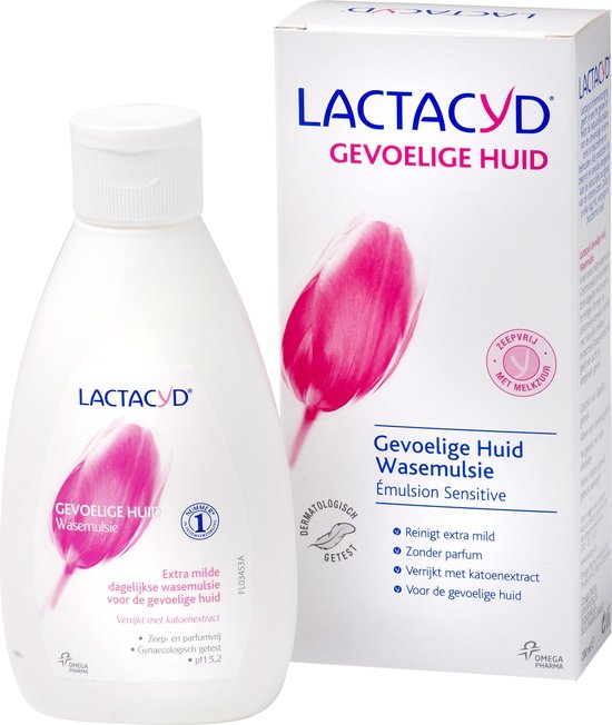 Lactacyd Gevoelige Huid Wasemulsie fles en doosje met roze tulpafbeelding en 'Nr. 1' logo.