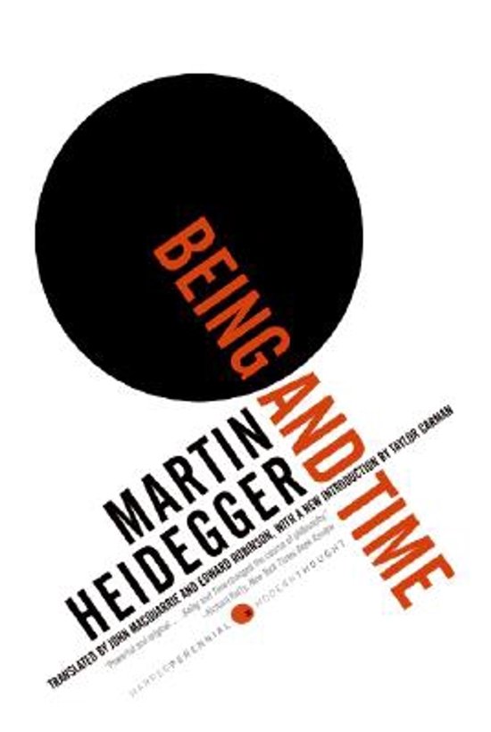 Boekomslag voor 'Being and Time' van Martin Heidegger met een grote zwarte cirkel en oranje tekst.