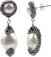 Zoetwater parel oorbellen Double Bling Baroque Pearl - oorstekers - echte parels - sterling zilver (925) - wit - zwart - stras steentjes